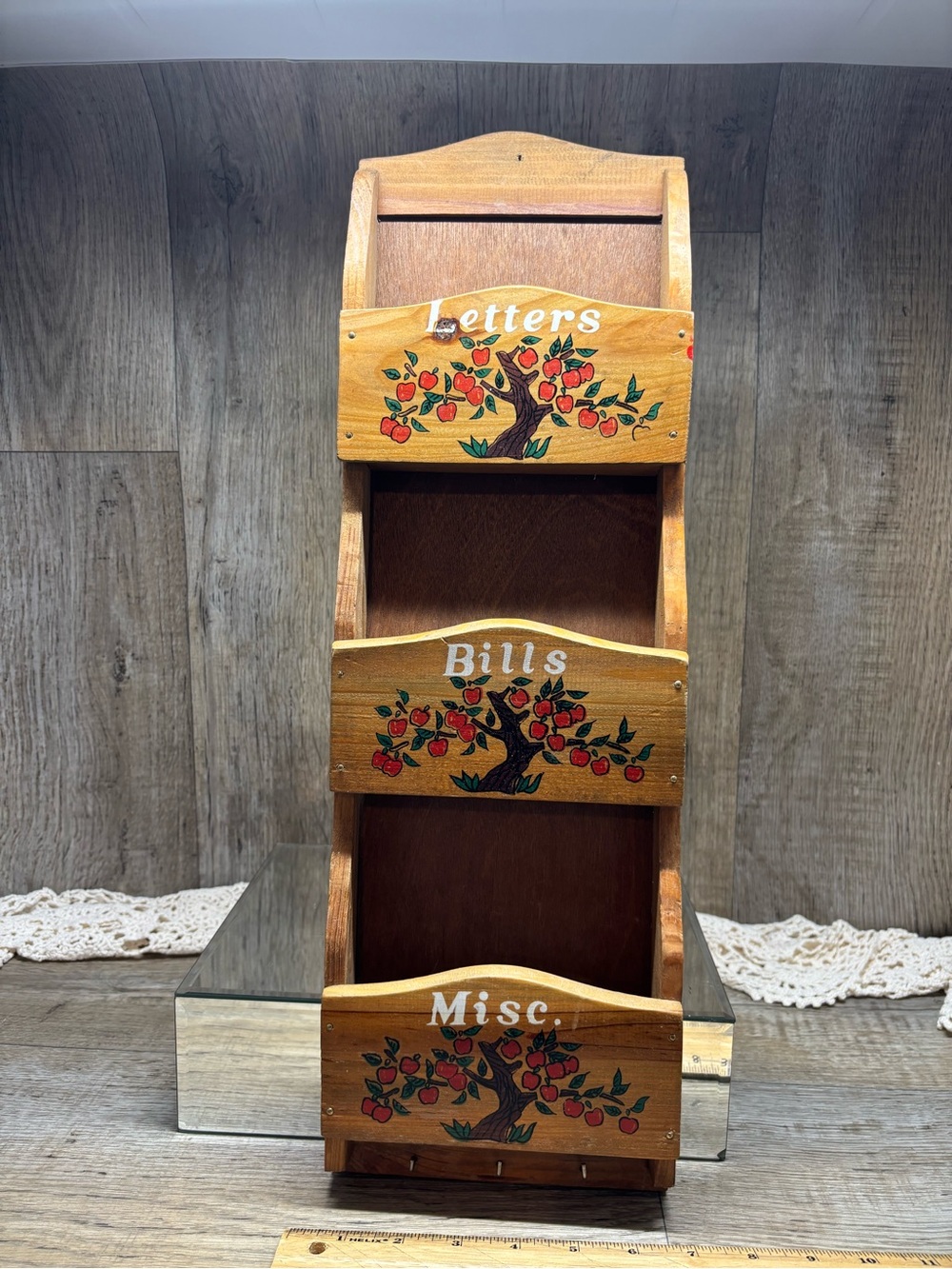 Vintage Wood Wall Organizer Keys Letters Bills Apples Cottage Core